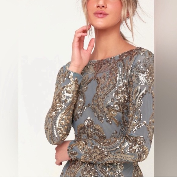 Dress the Population Lola Mini Dress Size L Grey/Green Gold Sequin NWT Mermaid - Picture 4 of 16